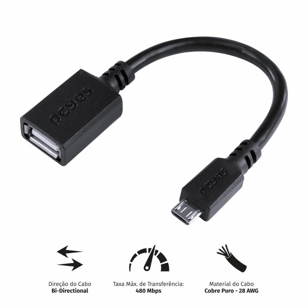Adaptador Otg Micro Usb Para Usb 2.0 15cm Preto Conexão Com Celulares Smartphones Tablets - Pamup-15